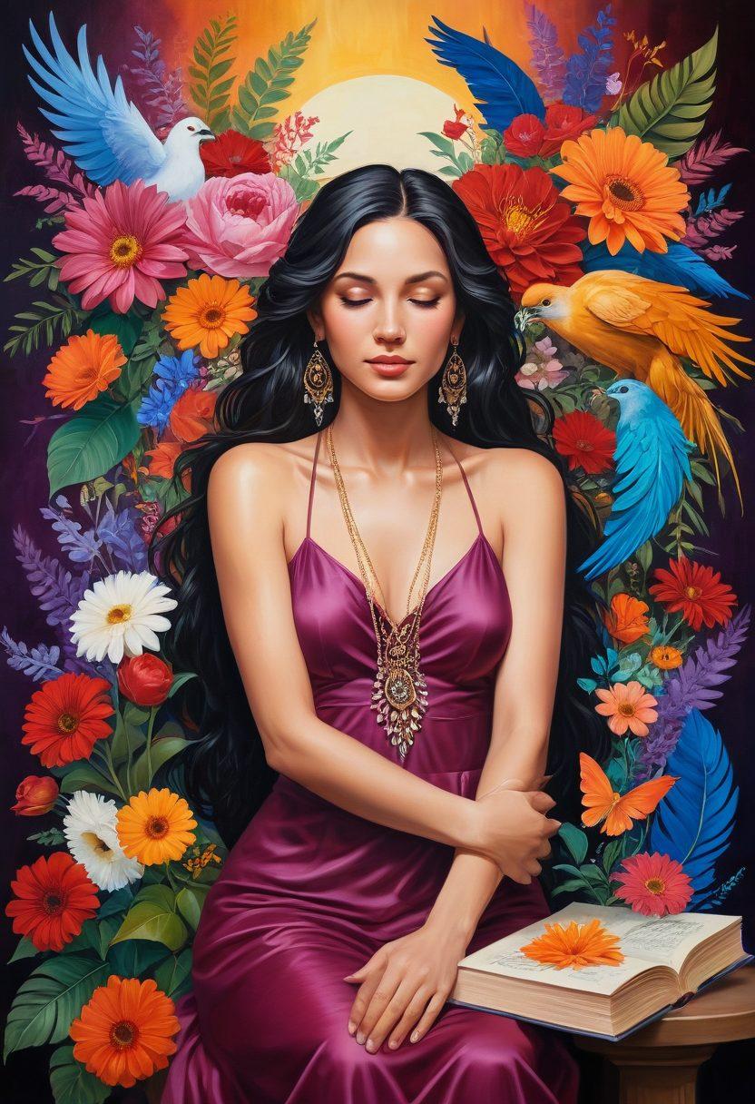 A powerful and confident woman embracing another woman in an intimate setting, surrounded by symbols of empowerment like flowers and books. Soft lighting that casts a warm glow, emphasizing connection and strength between them. Add subtle elements representing love and freedom, like delicate chains or feathers. The scene should evoke a sense of warmth and intimacy, merging empowerment with romance. vibrant colors. painting.