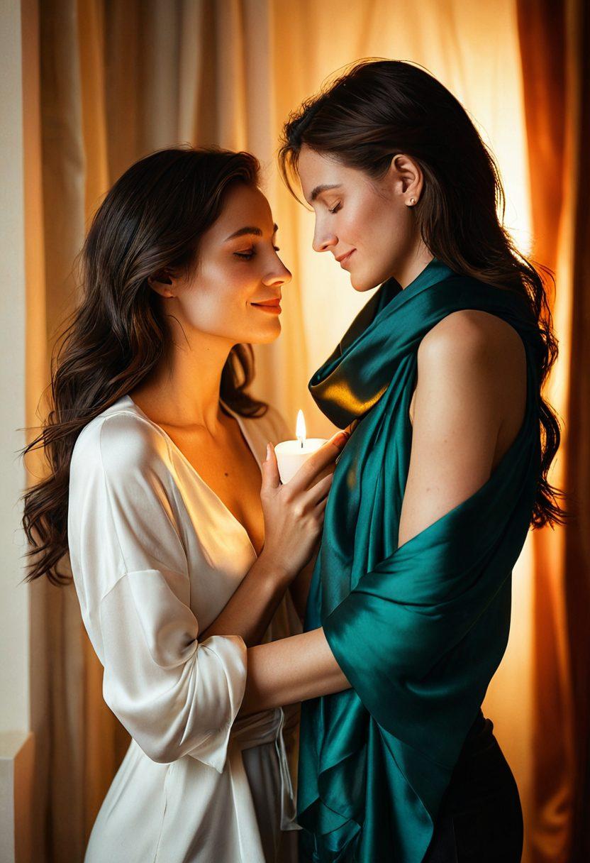 A captivating scene of two women embracing in a modern, minimalist setting, showcasing elements of trust and power dynamics in their relationship. One woman gently holds a silk scarf, symbolizing submission, while the other confidently looks on with a soft smile, representing dominance. The background features subtle symbols of intimacy, like intertwined hands and a flickering candle, highlighting the warmth of their connection. The overall tone is warm and inviting, with soft lighting and rich textures. super-realistic. vibrant colors. intimate atmosphere.